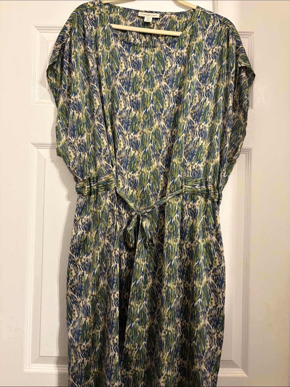Coldwater Creek Green and Blue Printed Tie-Waist Midi Dress 2X Pit to Pit 25 in
